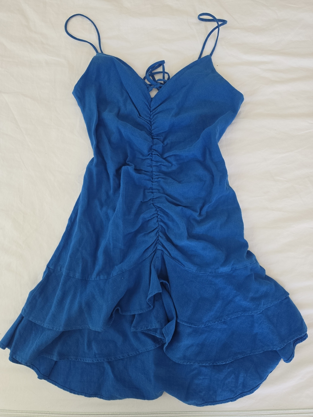 Zara Bright Blue Ruched Tiered Spaghetti-Strap Dress